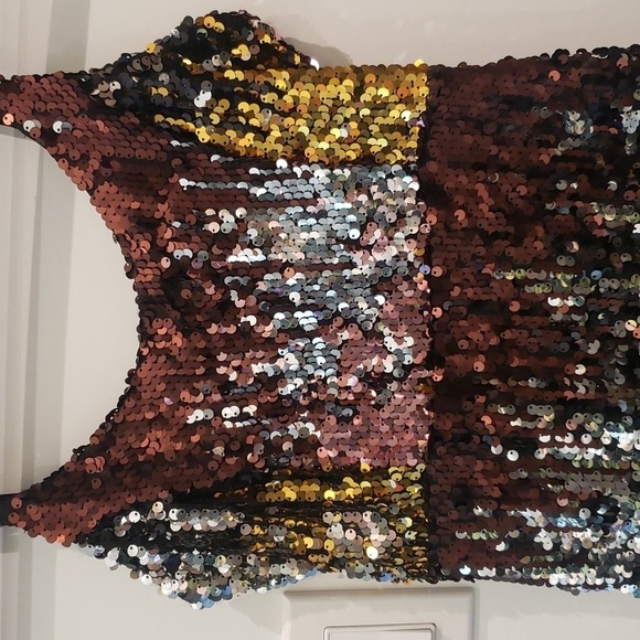 REVAMPED Sequence Evening Mini Dress Gold Copper Silver Spaghettin Straps - Picture 7 of 14